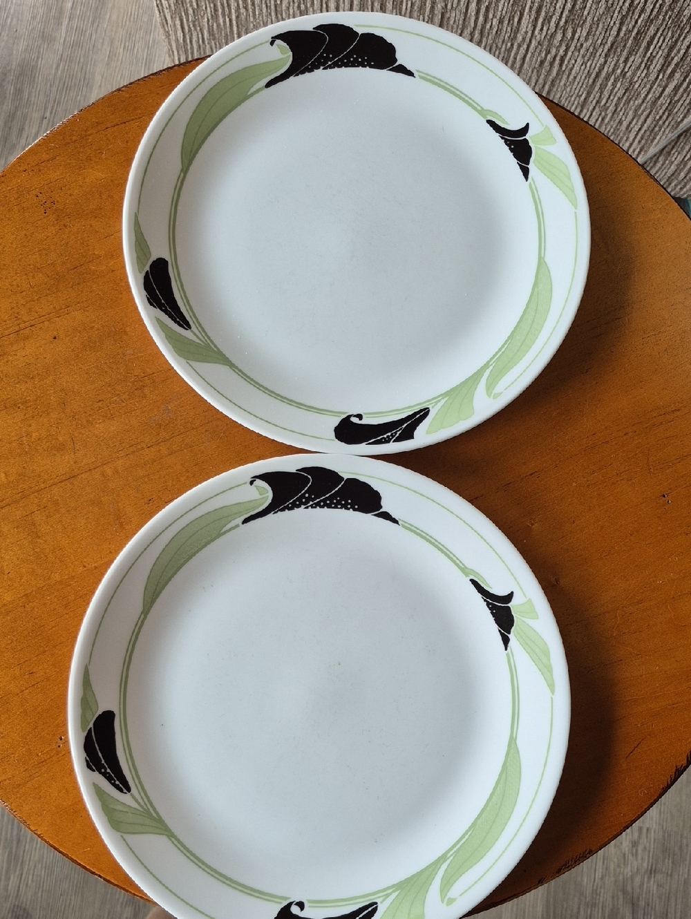 2 Corelle Black Orchid Dinner Plates with Black Floral and Light Green Leaves.